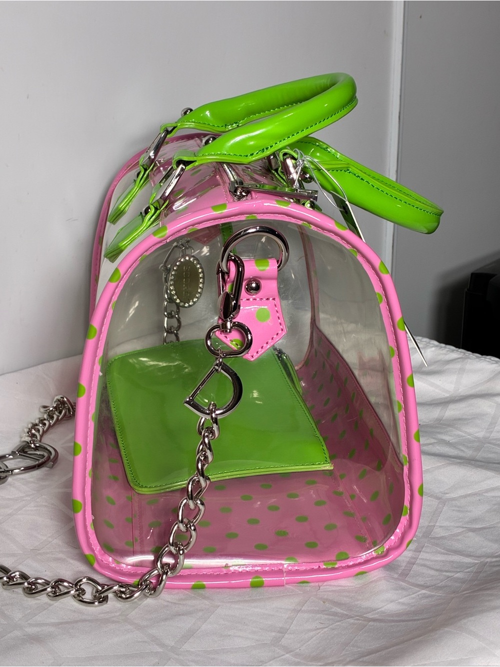 Stadium approved Clear bag NWT Dustbag bagcharm incl. pink lime green polkadot - Picture 10 of 17